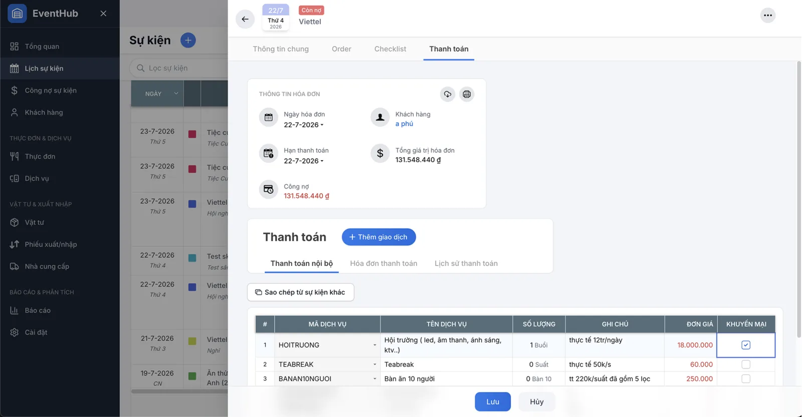EventHub invoice details